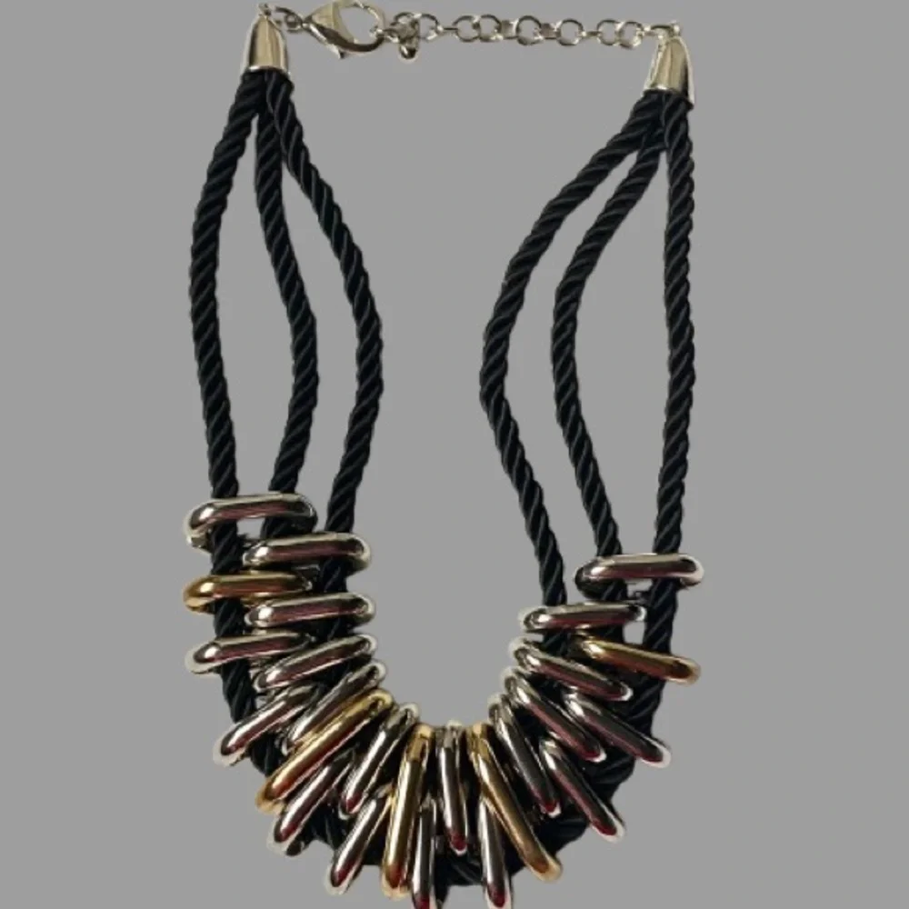 Statement Chunky Multi-Rope Strand Choker Necklace Silver and Gold Metal Rings